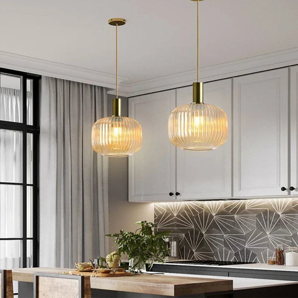 Amber Pendant Light – Adjustable Hanging Lamp with Gold and Black Detail
