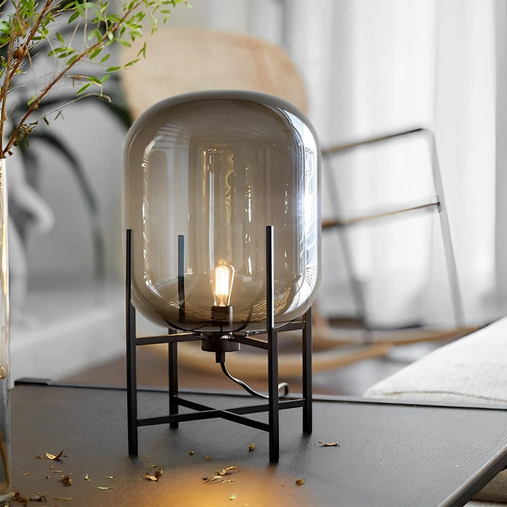 Glass Dome Floor Lamp – Industrial Metal Stand with Hand-Blown Shade