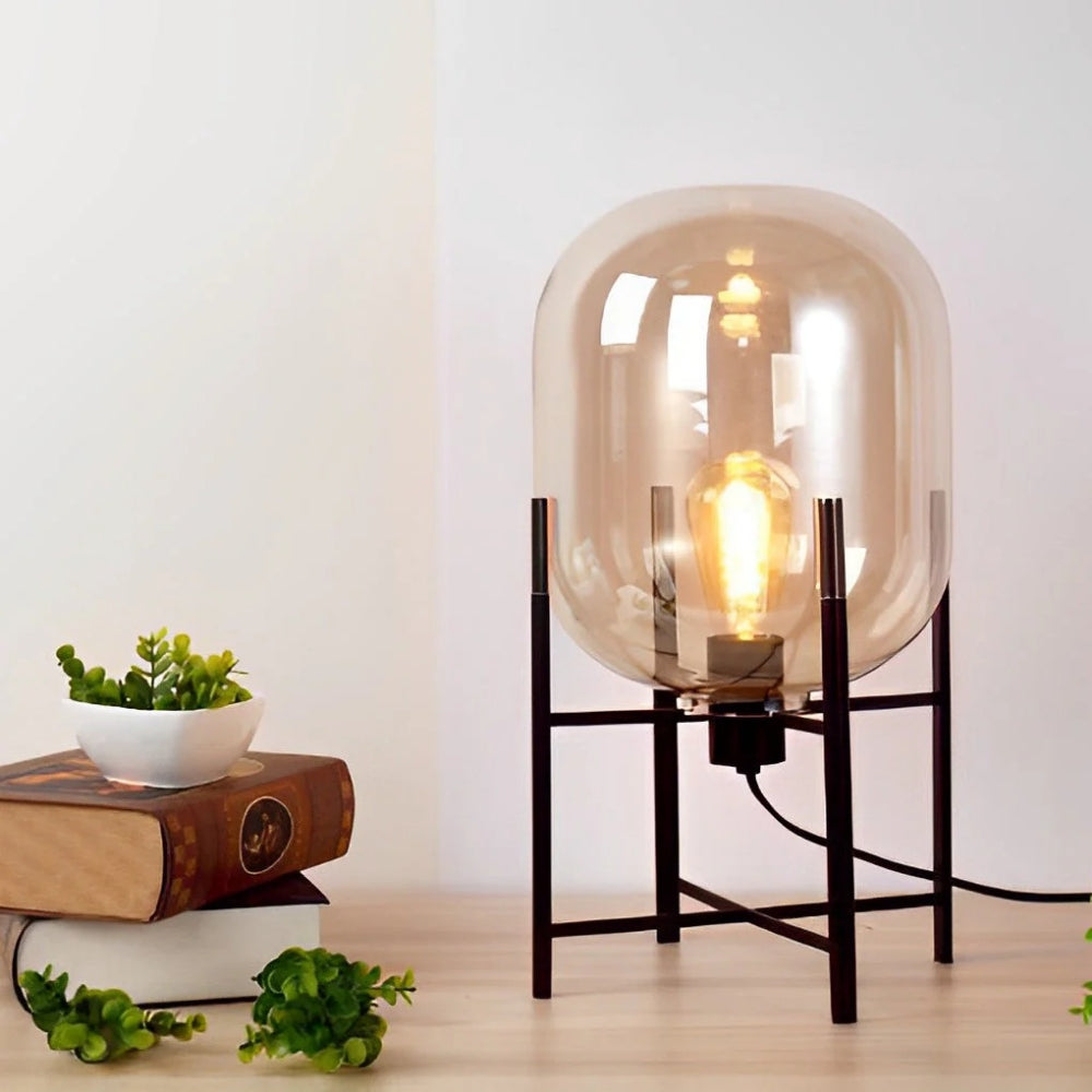 Glass Dome Floor Lamp – Industrial Metal Stand with Hand-Blown Shade