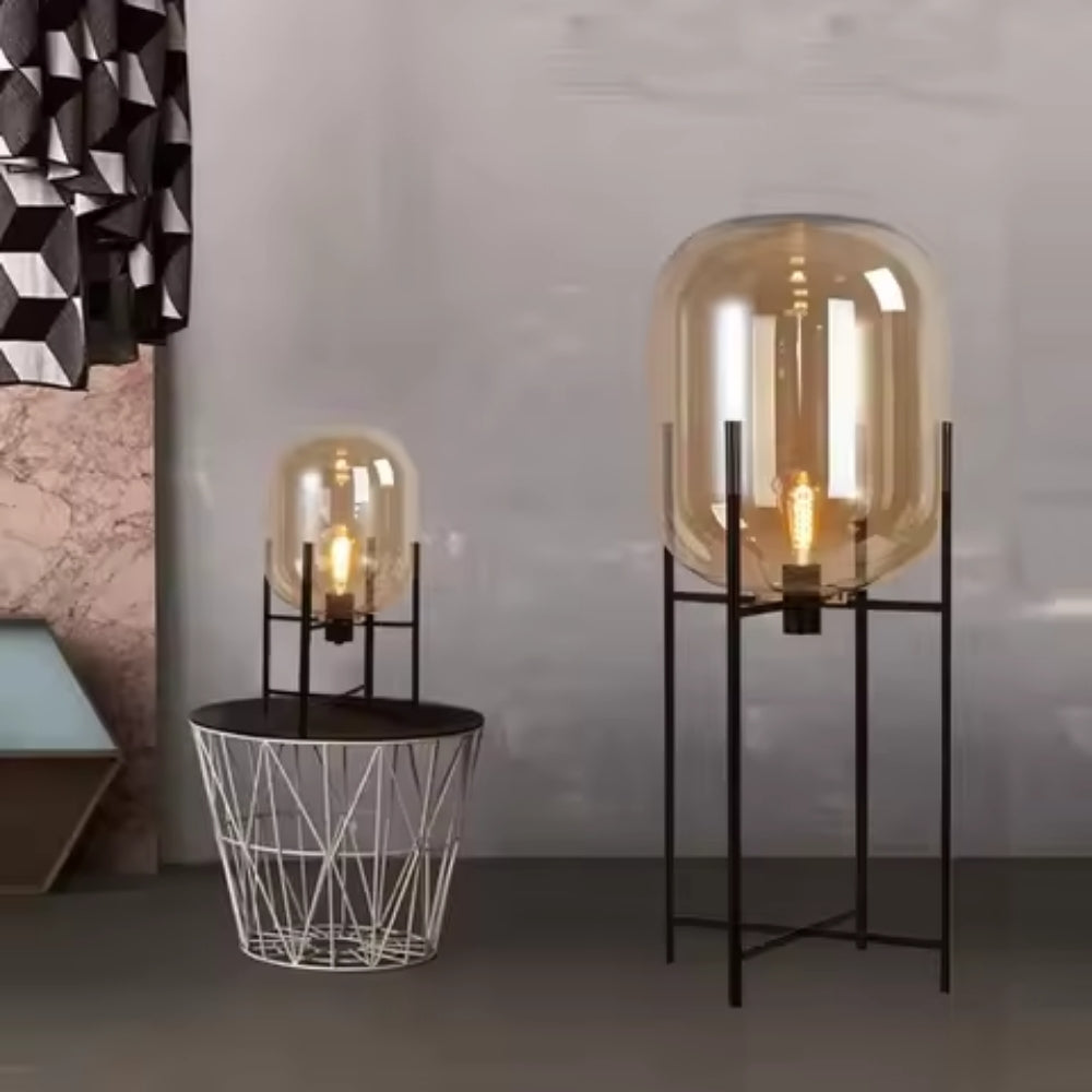 Glass Dome Floor Lamp – Industrial Metal Stand with Hand-Blown Shade