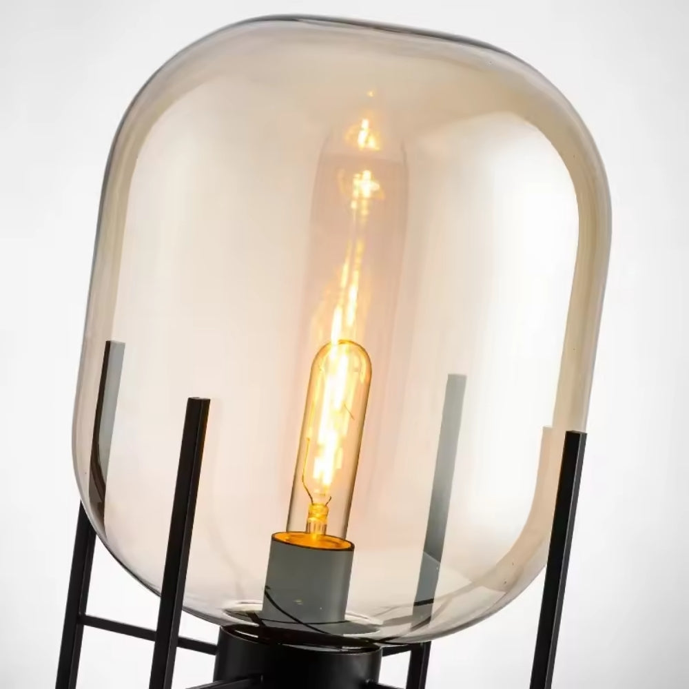 Glass Dome Floor Lamp – Industrial Metal Stand with Hand-Blown Shade