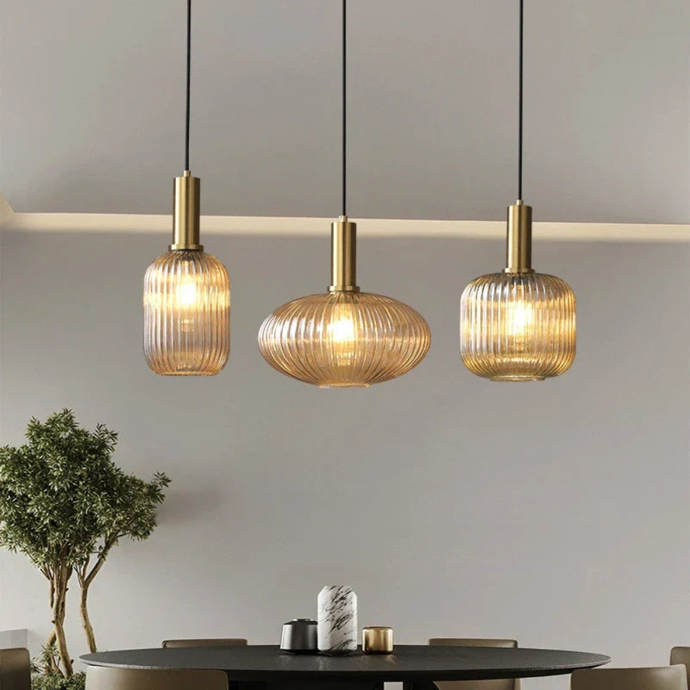 Amber Pendant Light – Adjustable Hanging Lamp with Gold and Black Detail